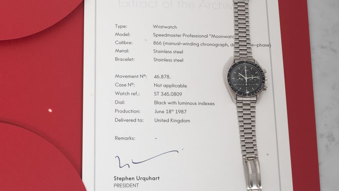 Omega SOLD-Omega Speedmaster Moonphase ST 345.0809 with Omega box and Extract of the Archive